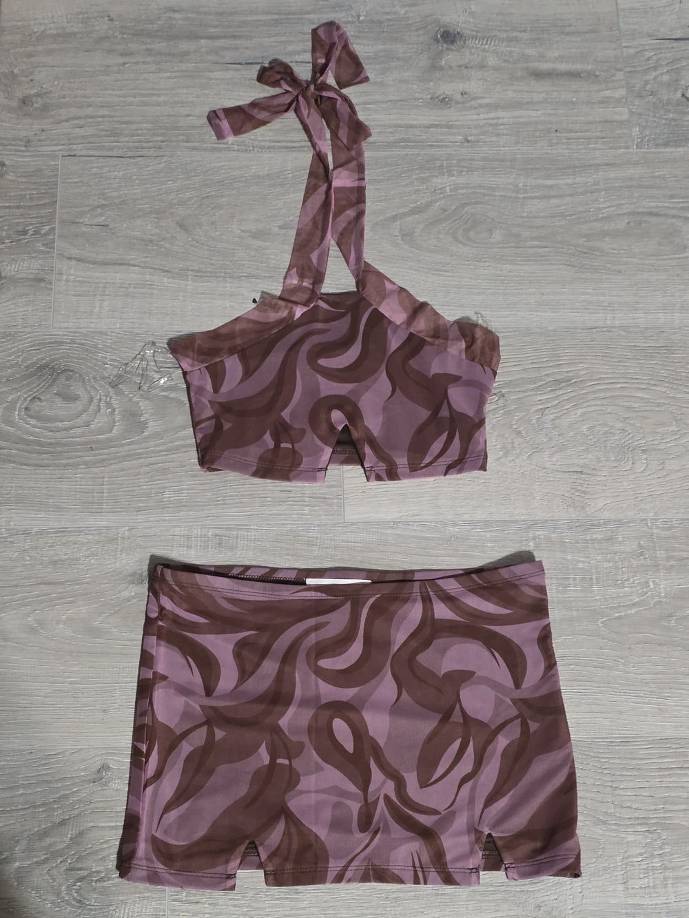 Women’s Two-Piece Pink Brown Abstract Print Mini Mesh Skirt And Halter Set